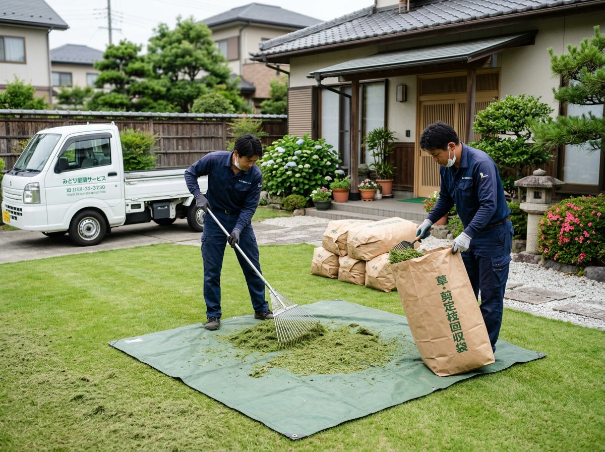 刈草を回収して袋詰めしている作業風景