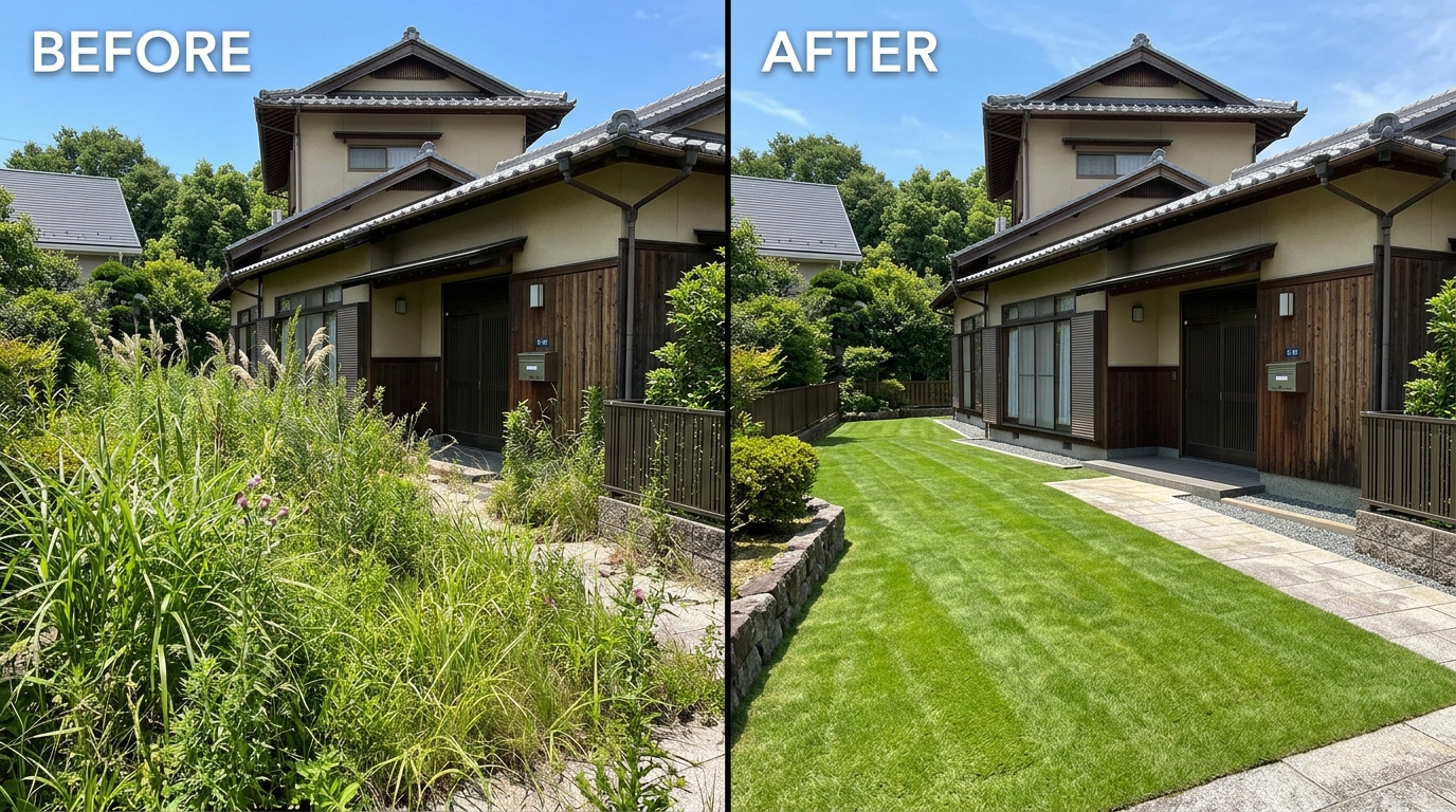 個人宅の庭の草刈り前後
